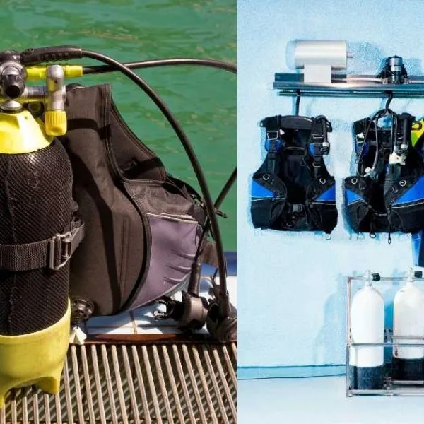Equipement de plongée : bouteilles, détendeurs et gilets prêts à l'utilisation