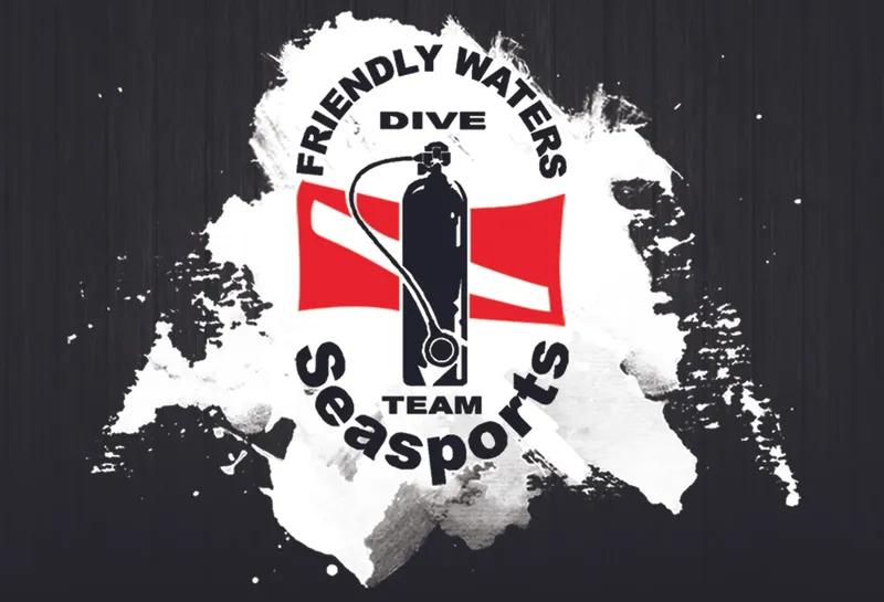 Logo avec une bouteille de plongée, texte 'Friendly Waters Dive Team Seasports'