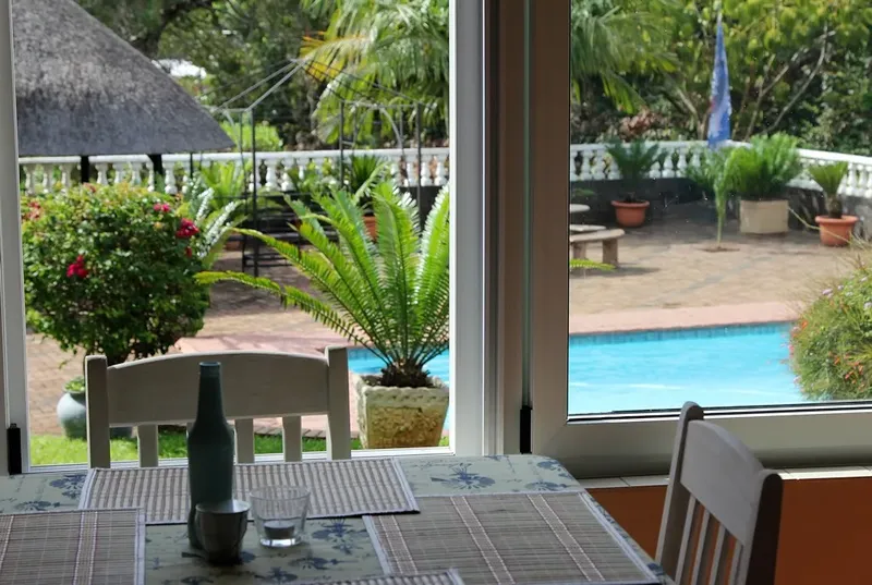 Vue sur une piscine et un jardin depuis l'intérieur d'un bâtiment