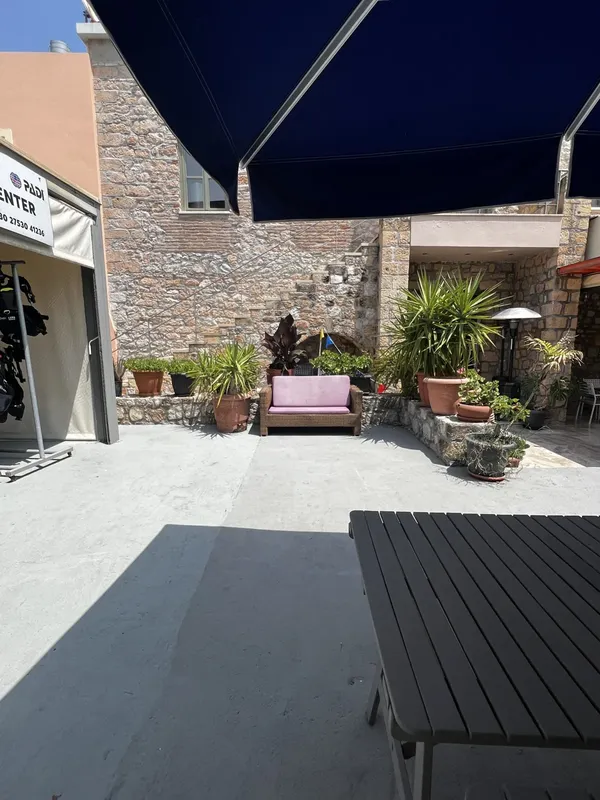 Terrasse d'un centre de plongée avec du matériel et plantes