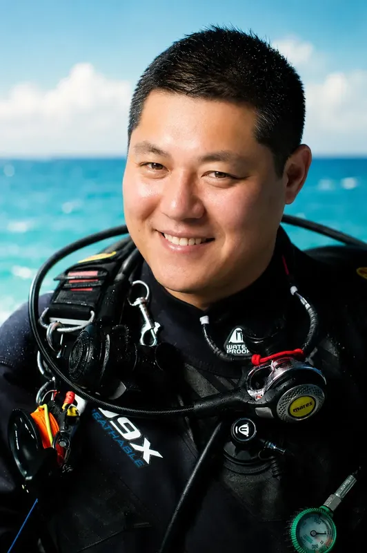 Plongeur souriant avec son équipement complet, mer bleue en arrière-plan