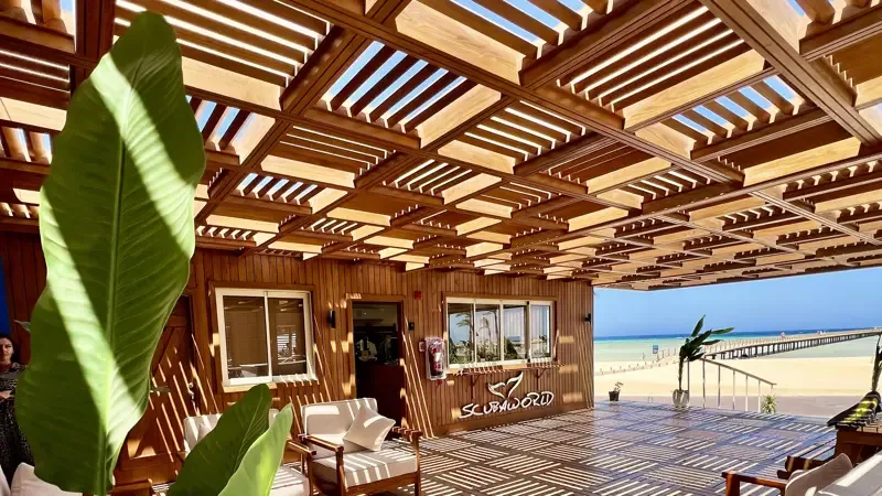 Terrasse ombragée avec vue sur la mer et un ponton d'accès