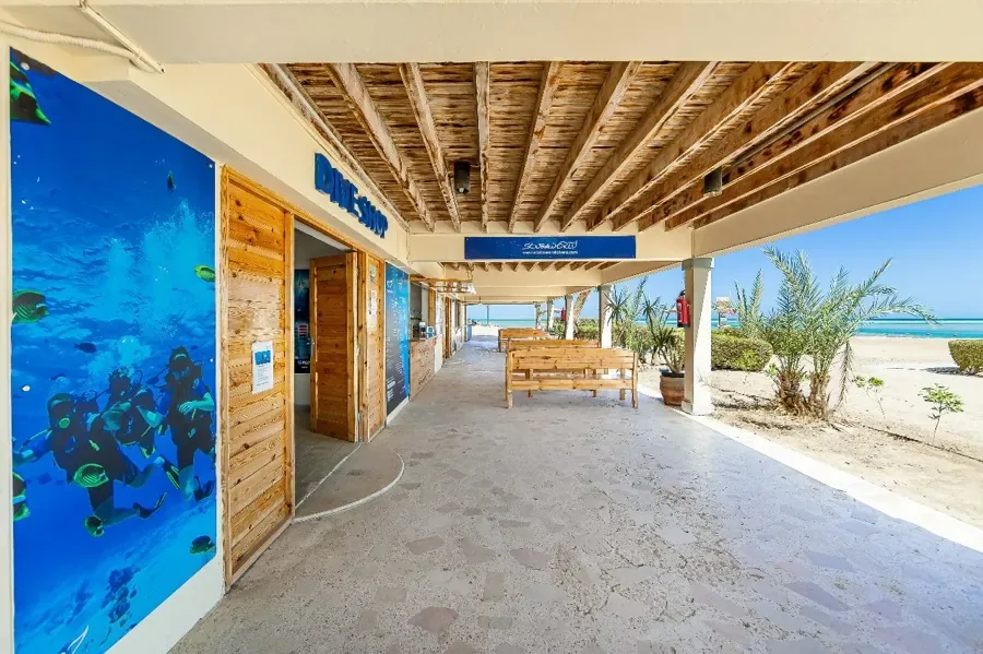 Terrasse ombragée d'un centre de plongée avec vue sur la mer turquoise