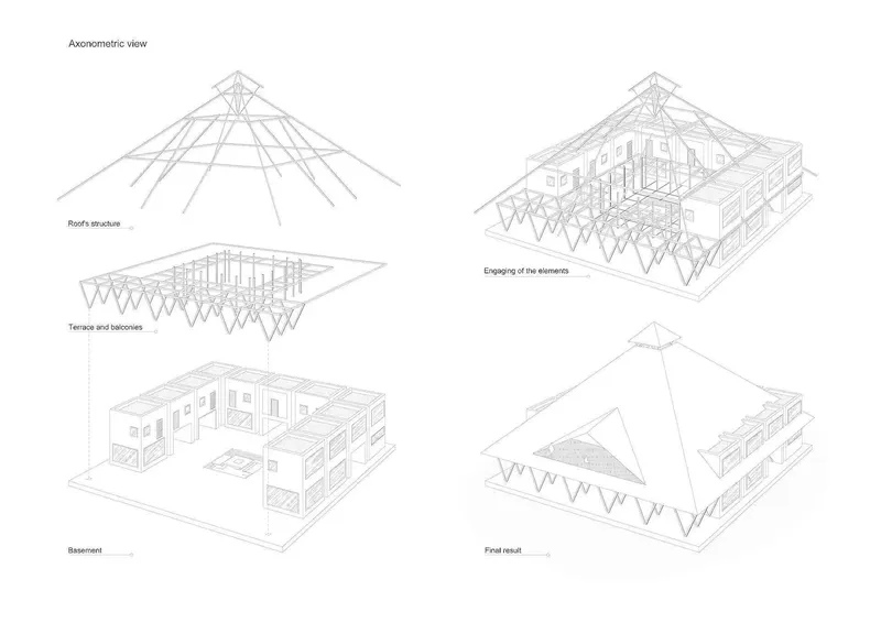 Schémas techniques d'un bâtiment avec sa structure et ses terrasses
