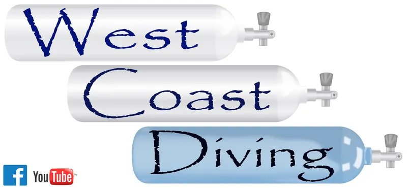 Bouteilles de plongée avec le texte West Coast Diving et logos réseaux sociaux