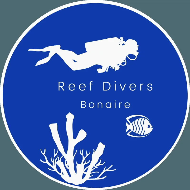 Cercle bleu avec un plongeur, un poisson et des coraux blancs