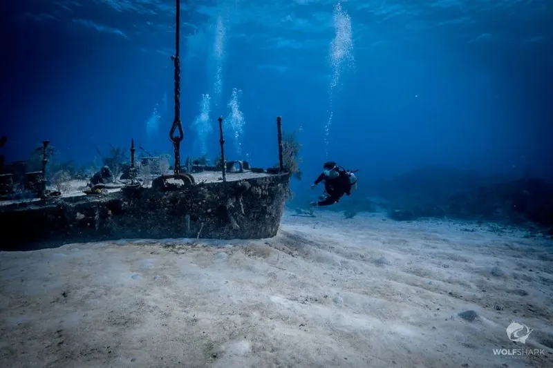 Plongeur explorant l'épave d'un navire sur fond sablonneux bleu
