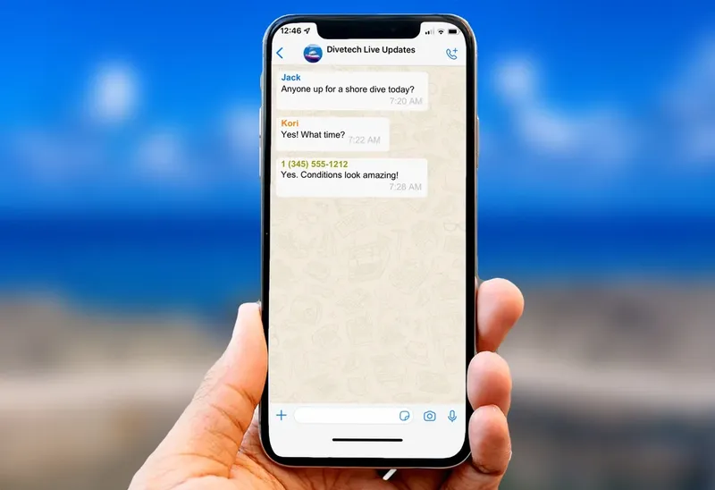 Main tenant un smartphone affichant une conversation de messages de plongée
