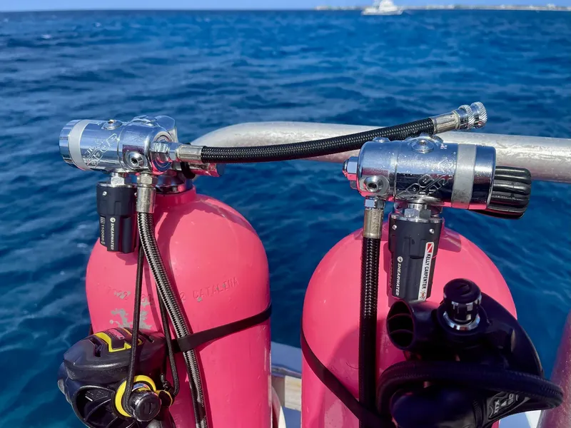 Bouteilles de plongée roses avec détendeurs et manomètre en mer