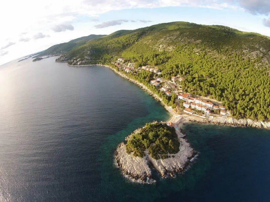 Vue aérienne d'un centre de plongée au bord de la mer et de la végétation