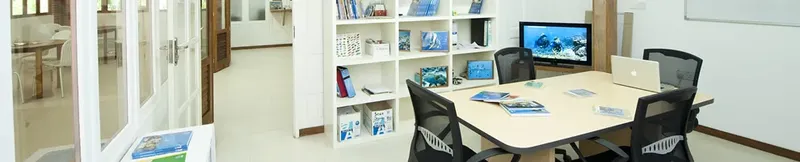 Salle de cours lumineuse avec table, chaises, étagères et télévision