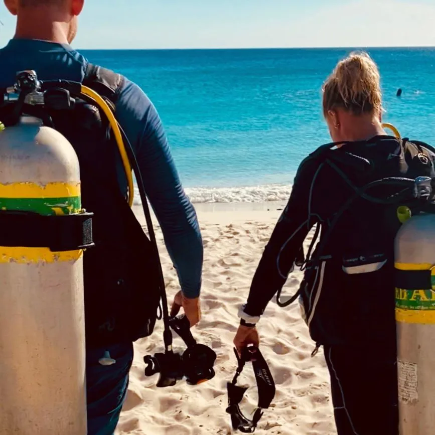 Deux plongeurs équipés se tiennent sur une plage ensoleillée