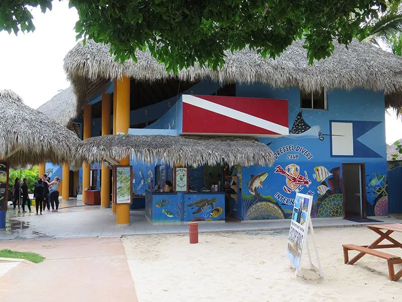 Façade d'un centre de plongée avec des personnes et des abris de plage