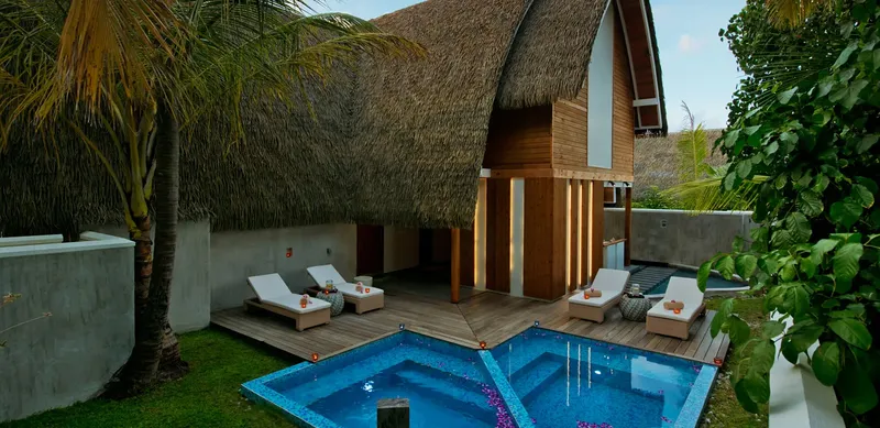 Bâtiment avec toit de chaume, piscine et transats dans un jardin tropical