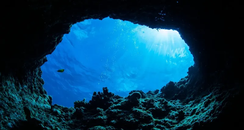 Vue sous-marine d'une ouverture dans un récif corallien ensoleillé