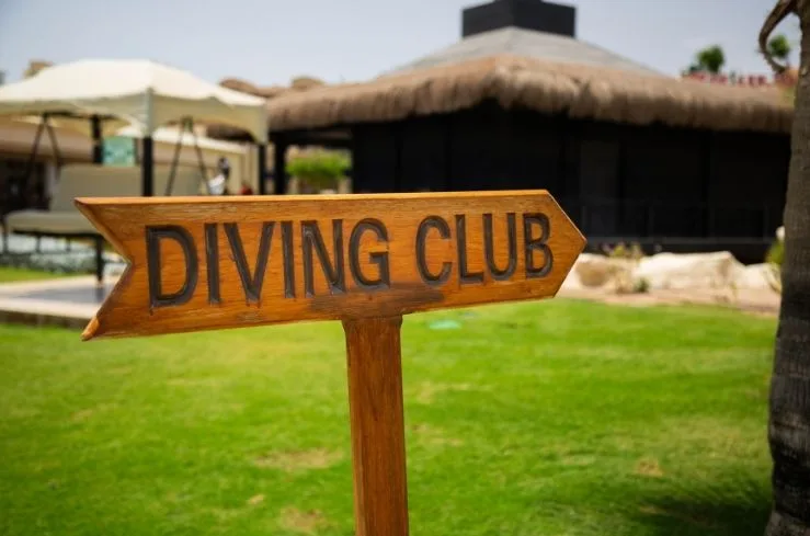 Panneau en bois indiquant 'DIVING CLUB' sur une pelouse verte
