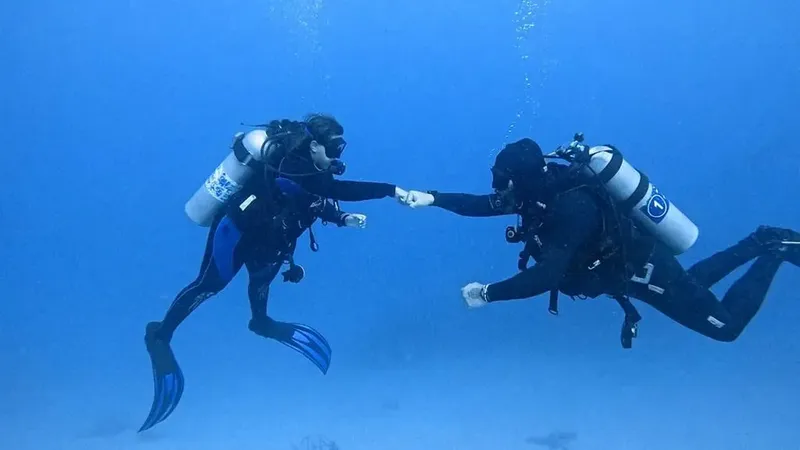 Deux plongeurs en combinaison se donnent la main sous l'eau