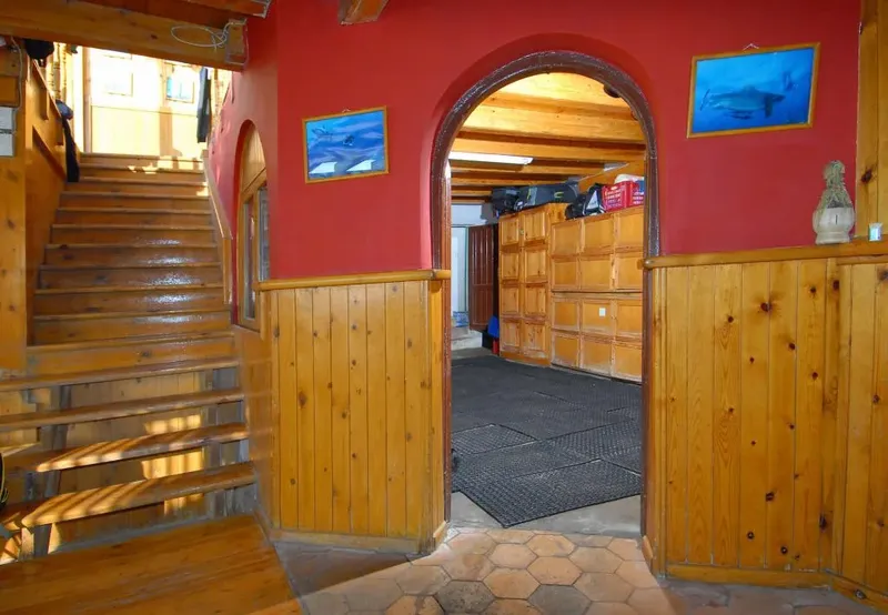 Interieur d'un centre de plongee avec escalier, casiers et decorations murales