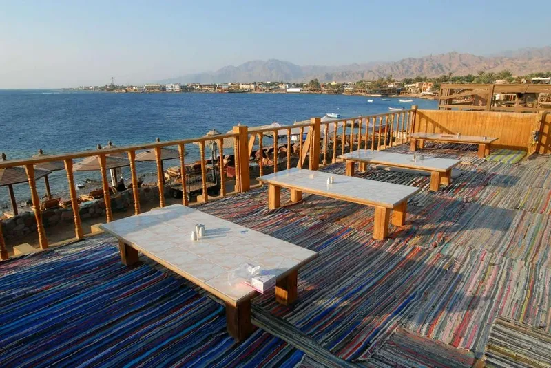 Terrasse avec tables vue sur mer, parasols et bâtiments en arrière-plan
