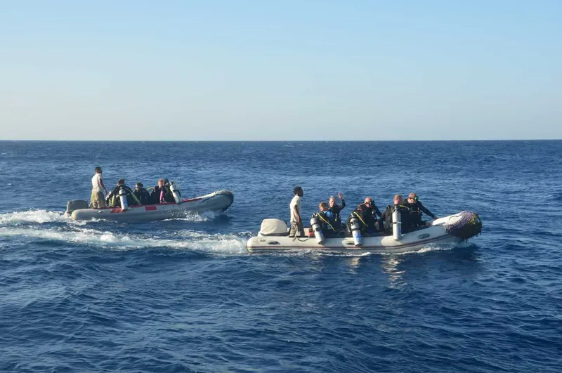 Deux bateaux semi-rigides transportent des plongeurs en mer, ciel bleu