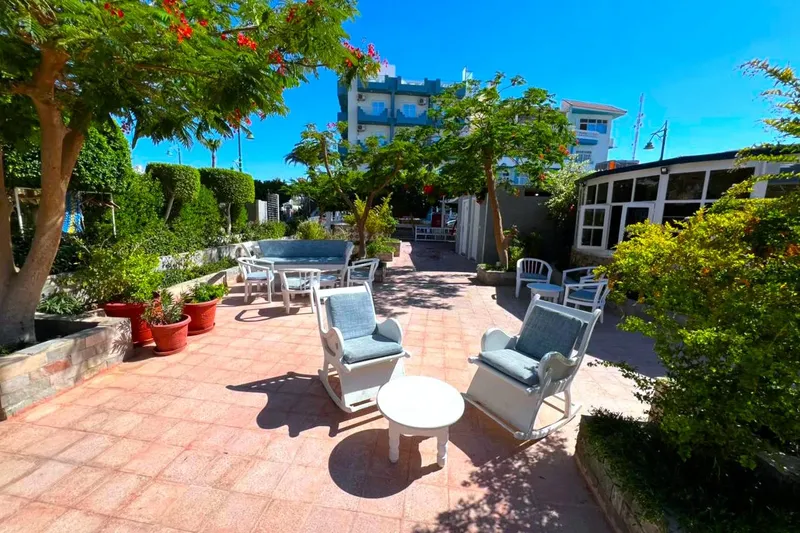 Terrasse aménagée avec mobilier de jardin, végétation et bâtiments en arrière-plan