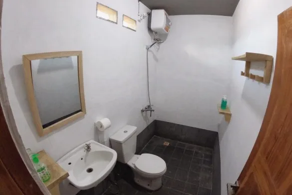 Petite salle de bain avec douche, lavabo, toilettes et miroir