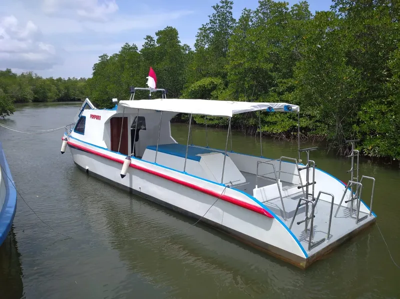 Bateau blanc et rouge naviguant sur une rivière bordée de mangroves