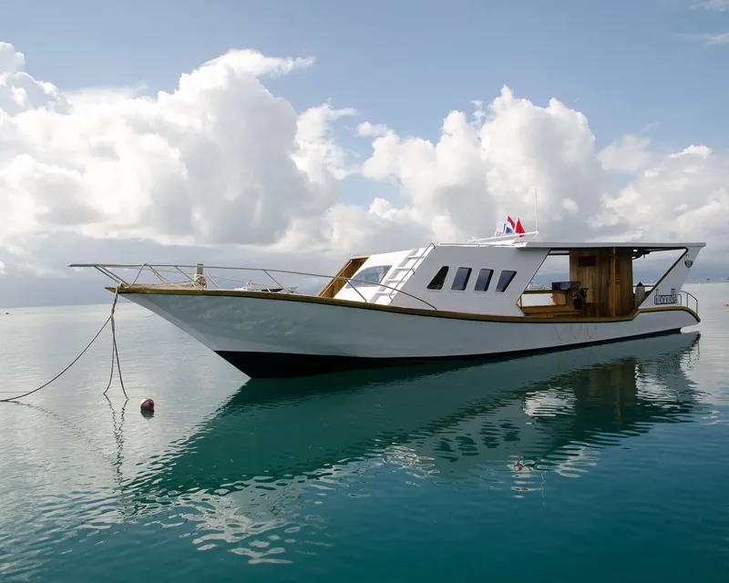 Bateau de plongée blanc amarré sur une mer calme et bleue