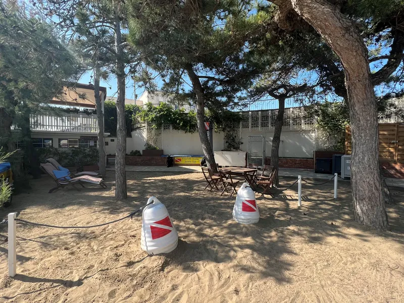 Espace détente extérieur avec chaises longues et drapeaux de plongée