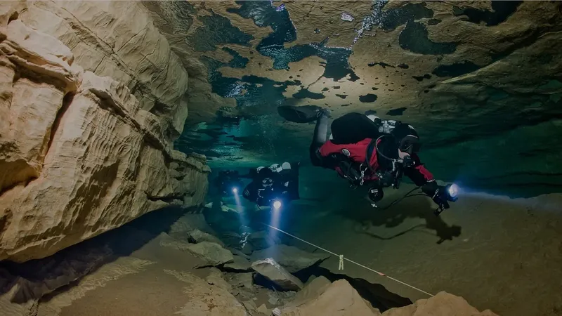 Deux plongeurs explorent une grotte sous-marine éclairée par des lampes