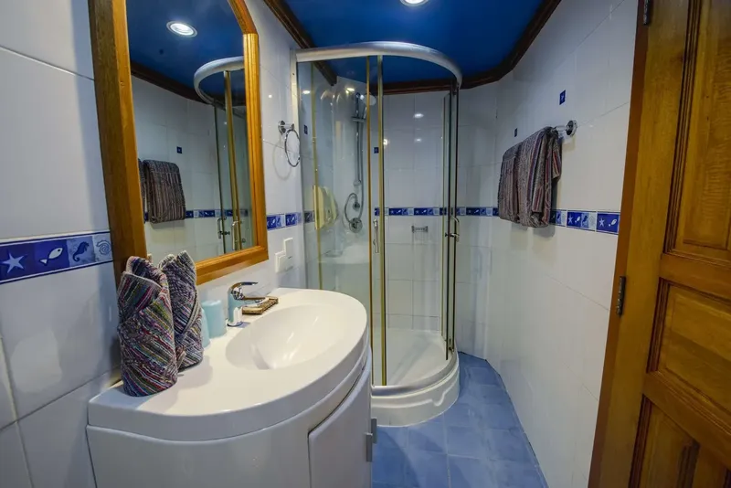 Salle de bain carrelée avec douche, lavabo et miroir décoratif