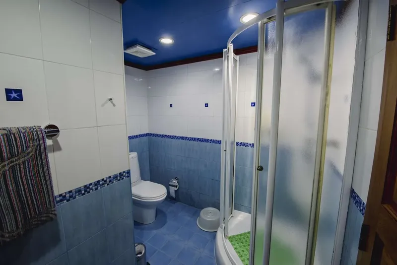 Salle de bain carrelée avec douche, toilette et serviette colorée