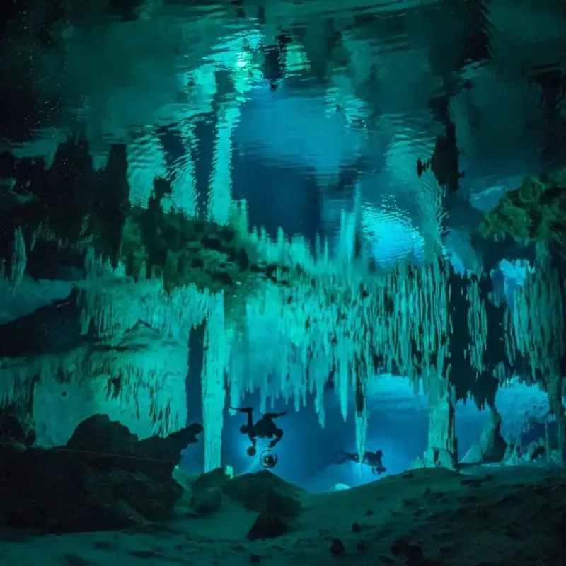 Plongeurs explorent une grotte sous-marine avec stalactites et lumière diffuse
