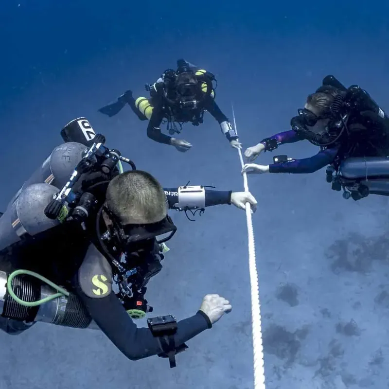 Trois plongeurs en combinaison explorent les profondeurs sous-marines bleues