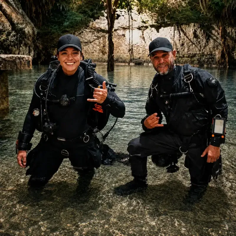 Deux plongeurs souriants en combinaison dans une eau claire et peu profonde