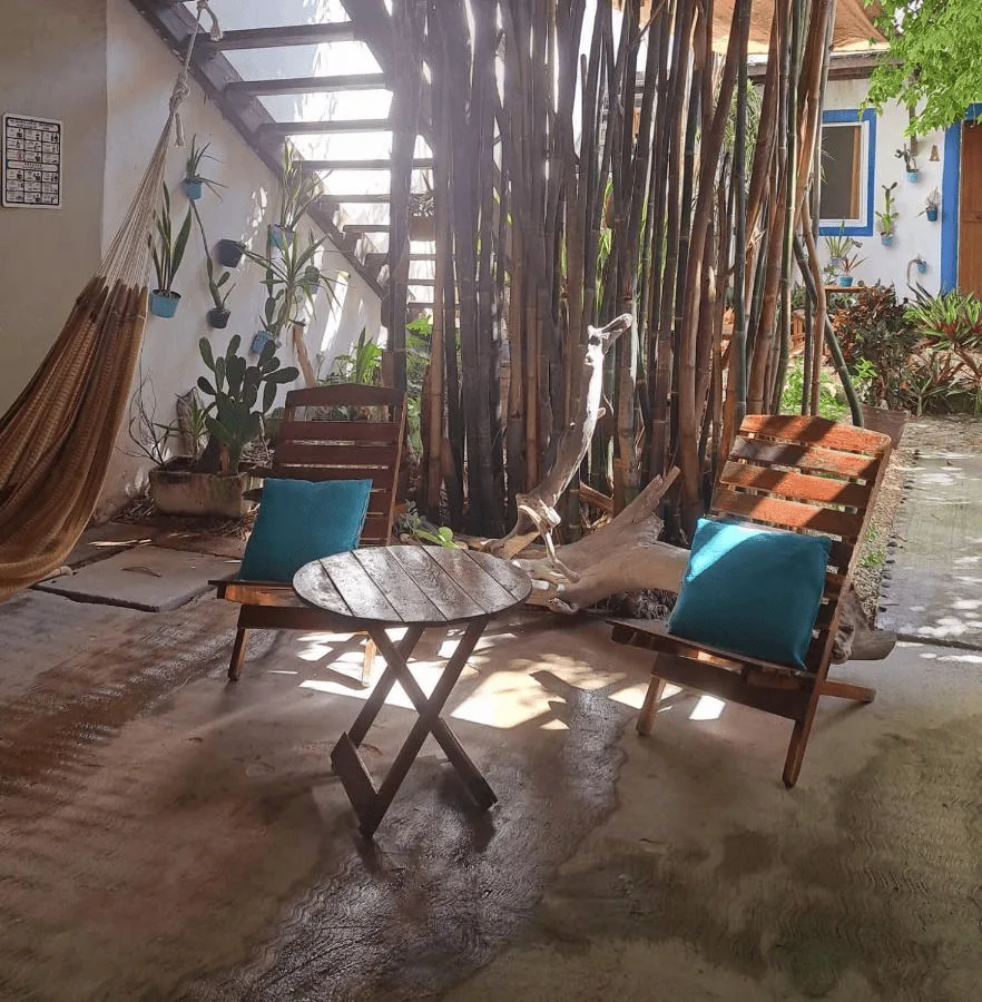 Espace détente extérieur avec mobilier en bois et hamac végétal