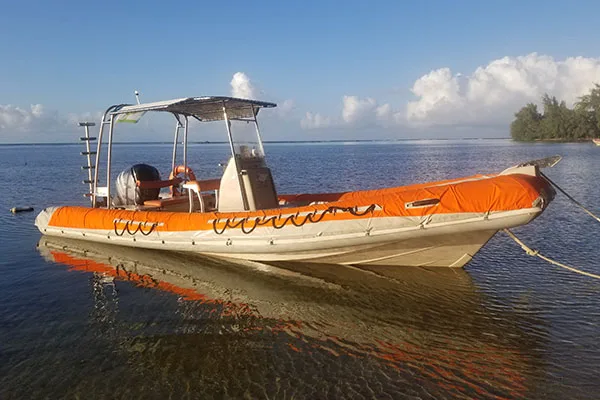 Bateau de plongée orange et blanc amarré sur une mer calme