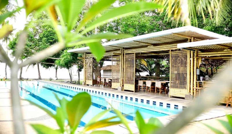 Piscine et structure en bambou devant une végétation tropicale luxuriante