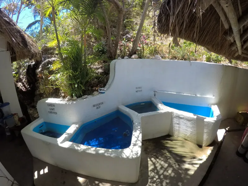 Bacs de rinçage pour matériel de plongée, eau bleue, végétation tropicale