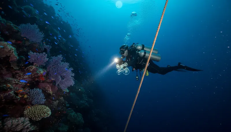 Plongeur explorant un récif corallien avec une lumière sous-marine
