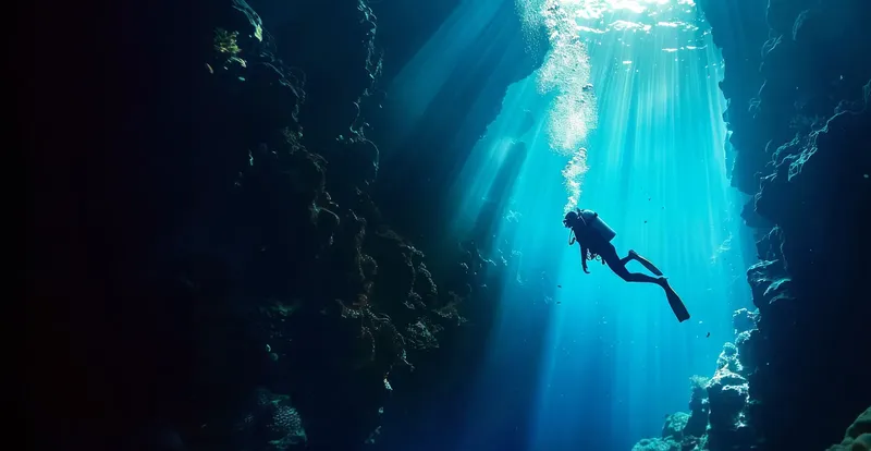 Plongeur explorant une grotte sous-marine éclairée par des rayons de soleil