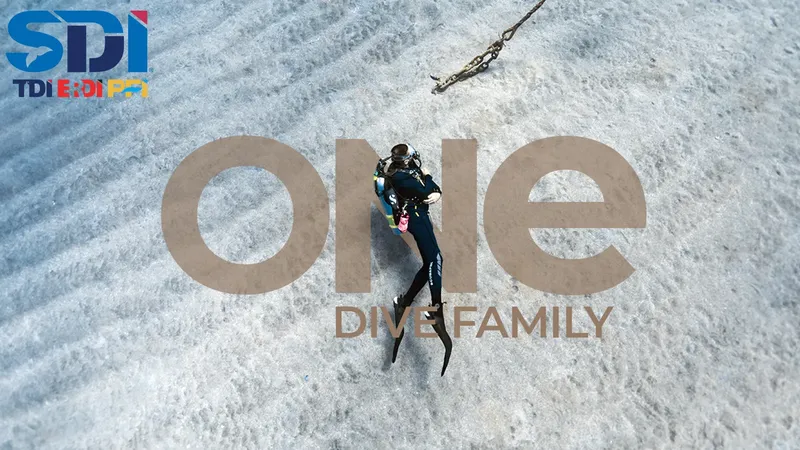 Plongeur en combinaison noire au-dessus d'un texte 'Dive Family'