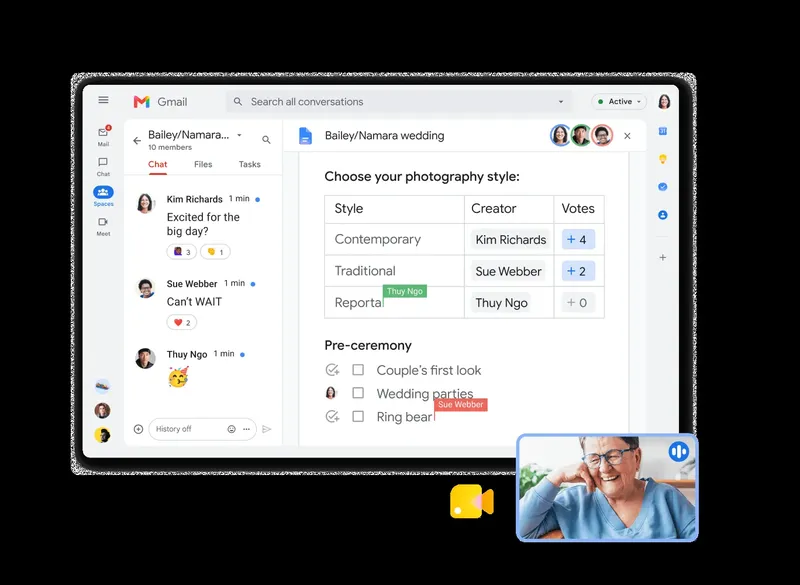 Capture d'écran d'une interface de messagerie avec des discussions de mariage