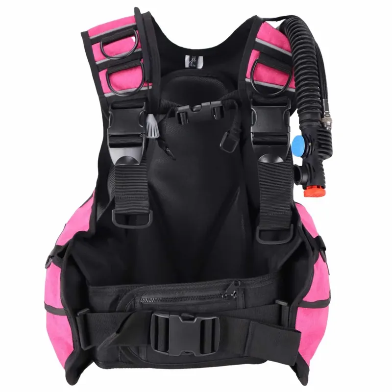 Gilet de plongée rose et noir avec détendeur et sangles ajustables