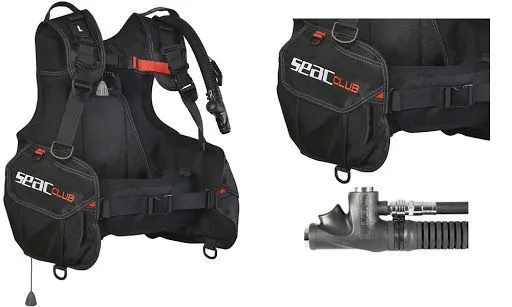 Gilet stabilisateur noir et détendeur de plongée sur fond blanc