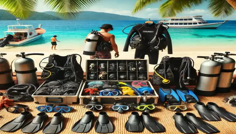 Equipement de plongée sur une plage avec des bateaux en arrière-plan