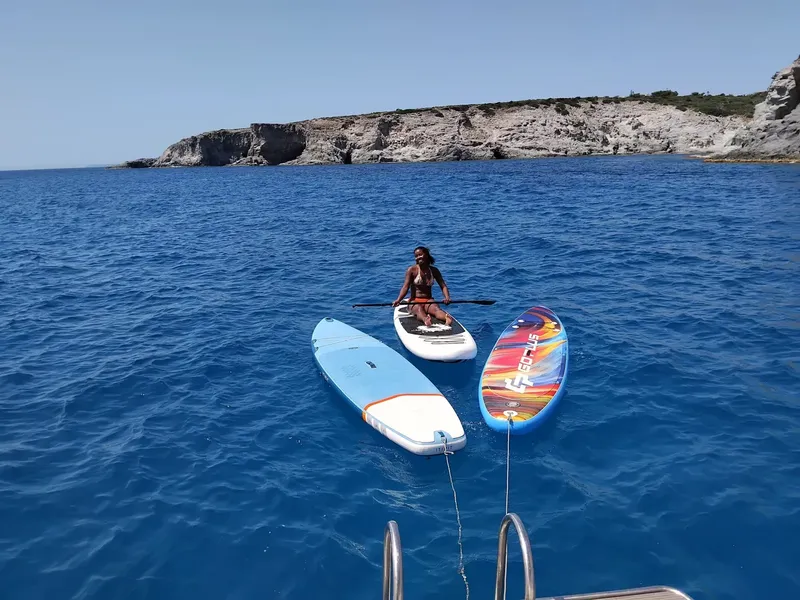 Femme pratiquant le stand-up paddle en mer, paysage côtier ensoleillé