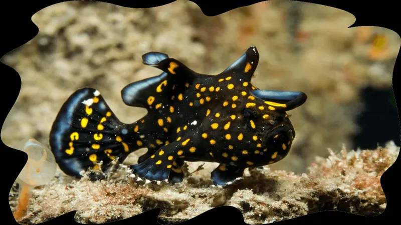 Poisson-scorpion noir et jaune sur un fond rocheux corallien