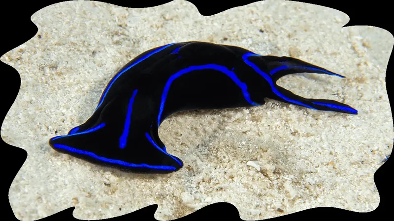 Nudibranche noire et bleue sur fond sableux, créature marine exotique
