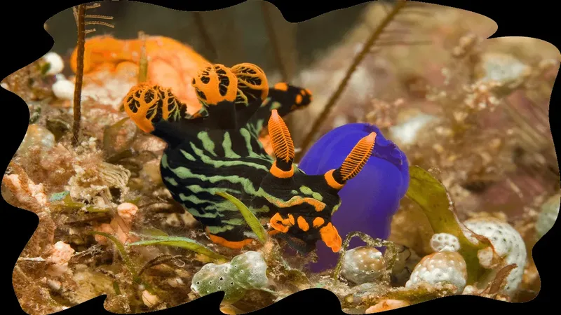Trois nudibranches colorés sur un fond rocheux sous-marin